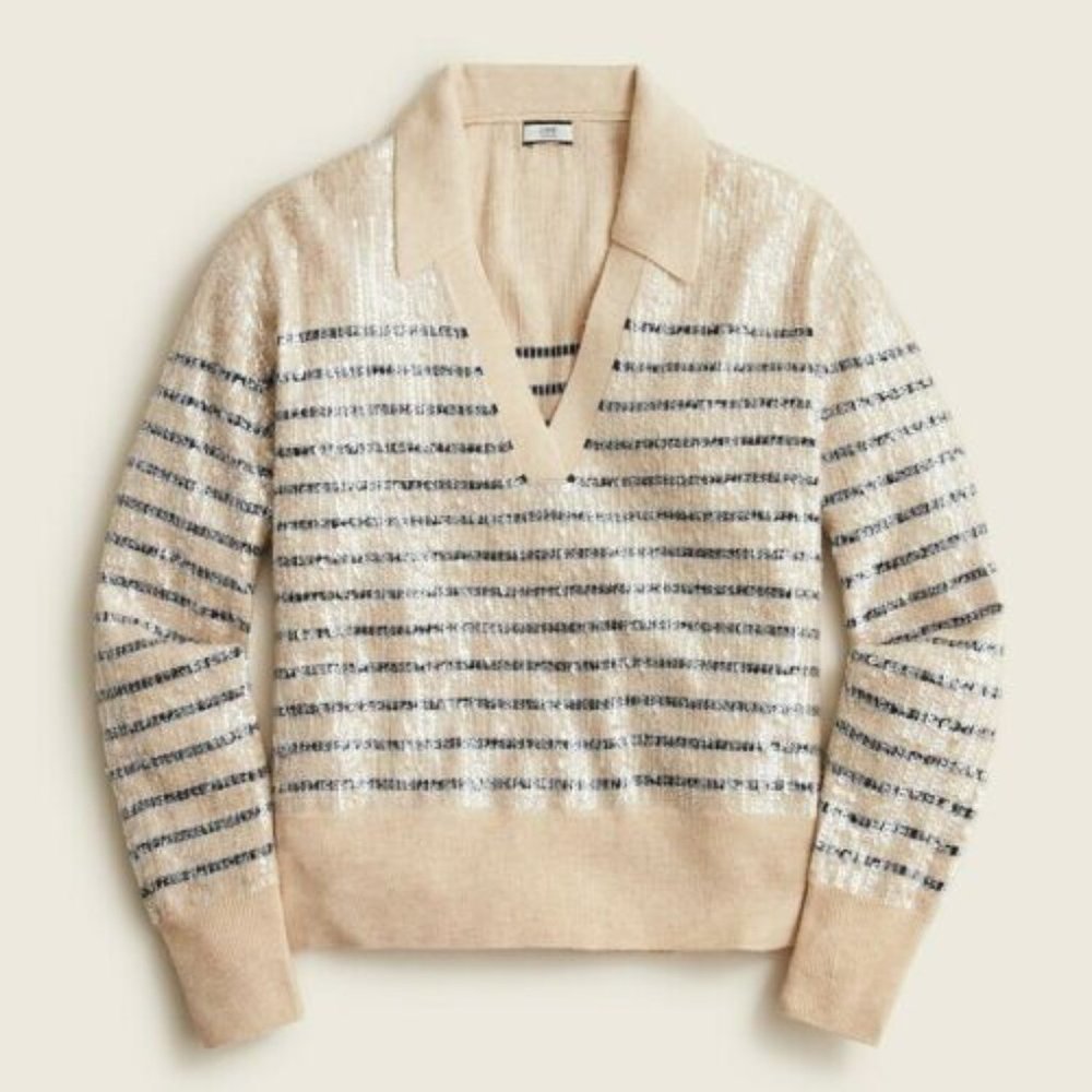 J. Crew Collection Collared sequin sweater in stripe Tan Navy Women M